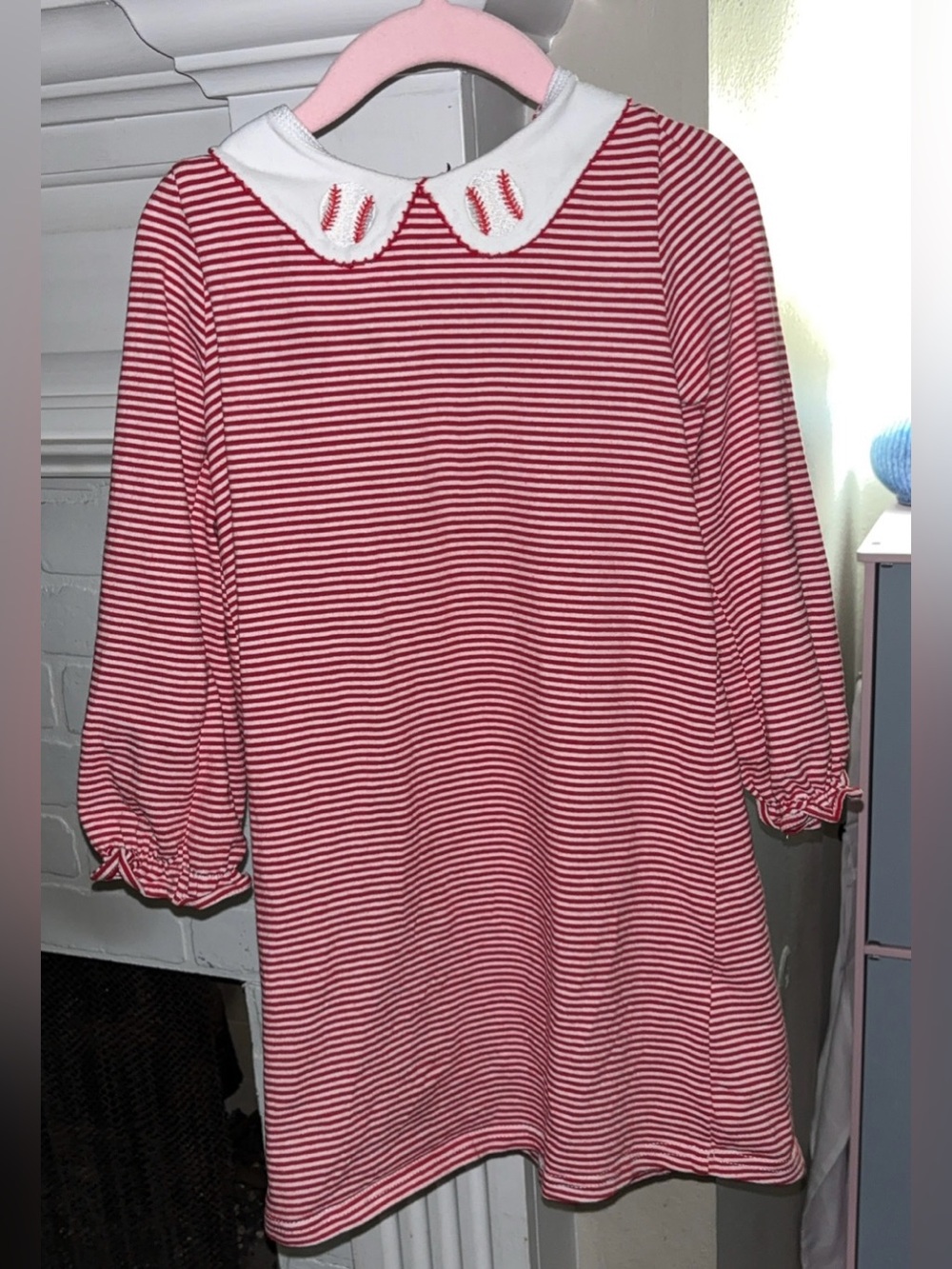 Girls' Red Striped Baseball Long Sleeve Dress with White Peter Pan Collar